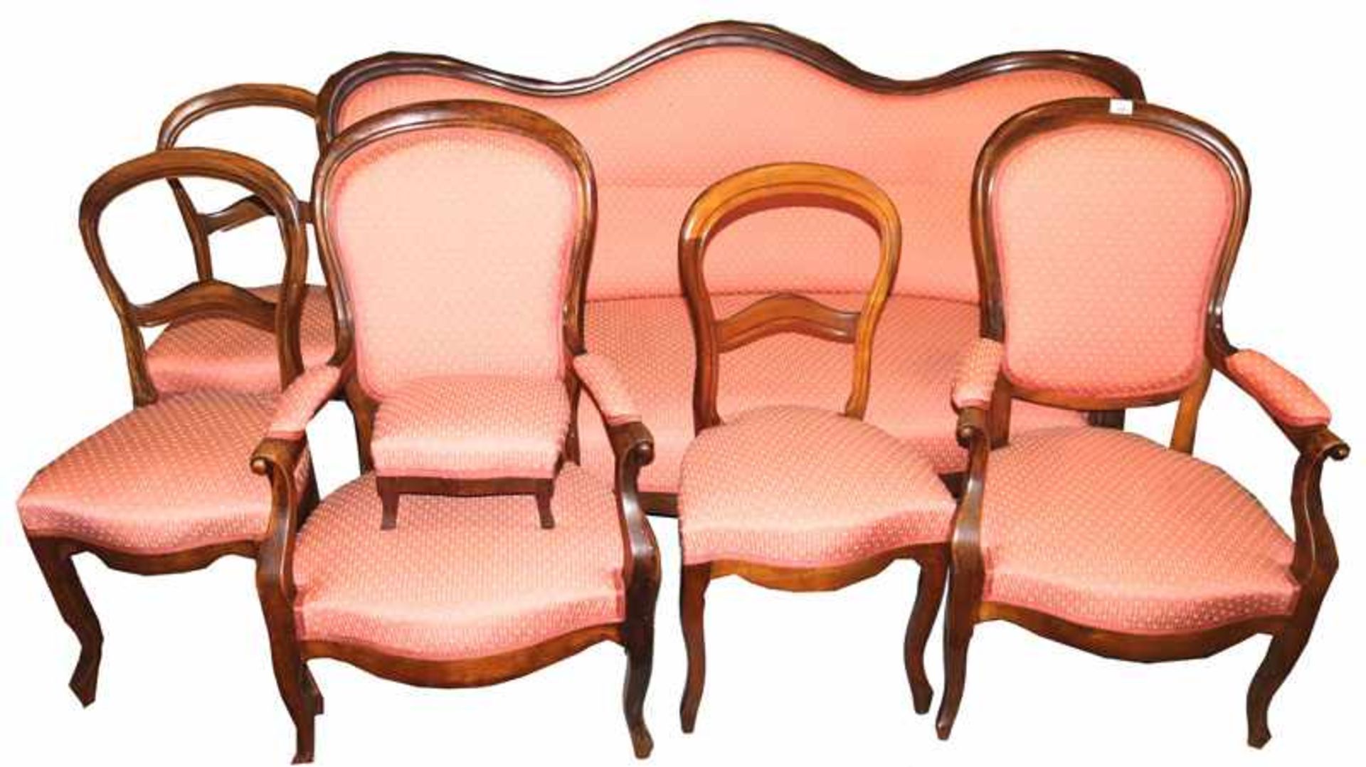 Sitzgarnitur, Holzrahmen, gepolstert und rot/beige bezogen: Sofa, H 95 cm, B 172 cm, T 60 cm, 2