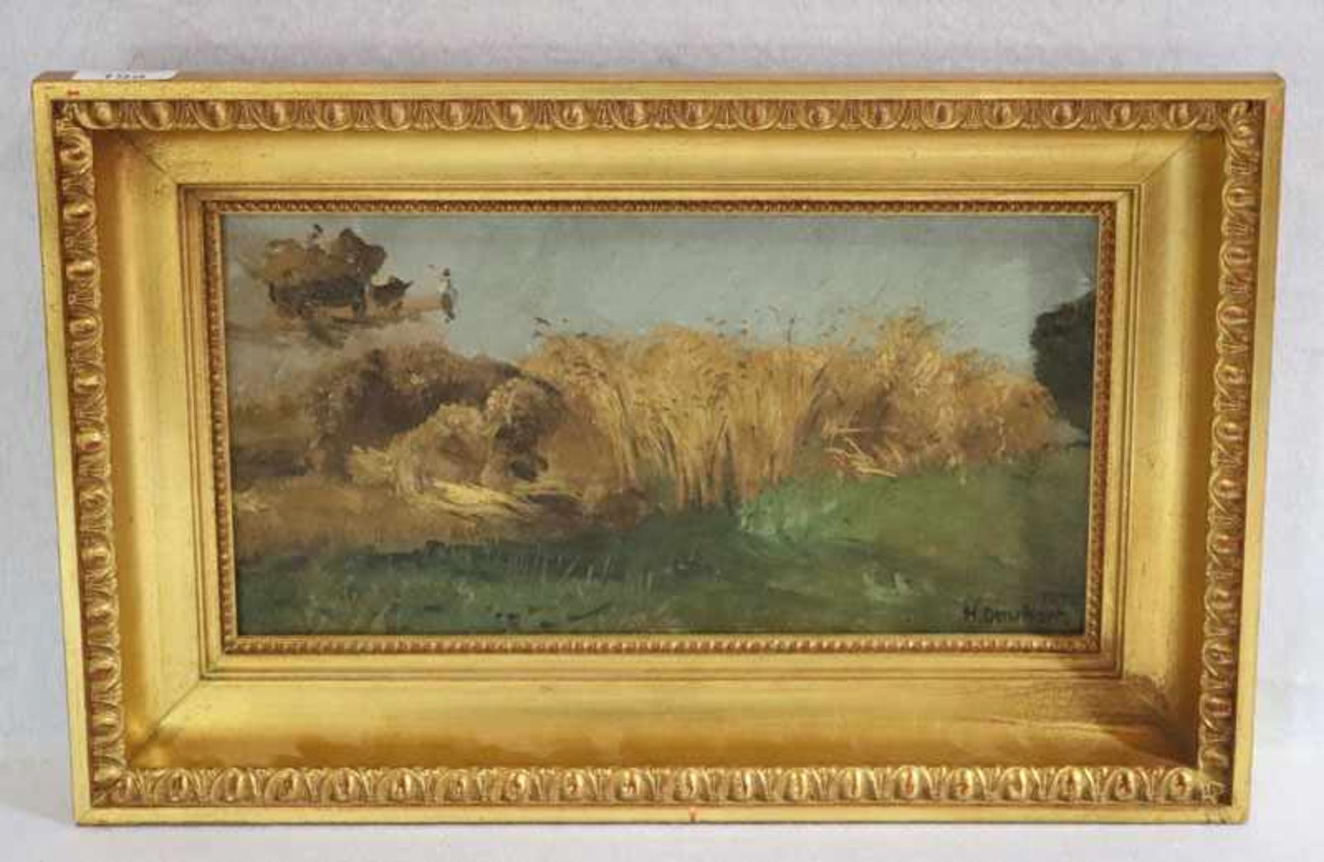 Gemälde ÖL/Malkarton 'Kornfeld am Chiemsee', signiert H. Deuchert, * 25.2.1840 Darmstadt + 6.5.