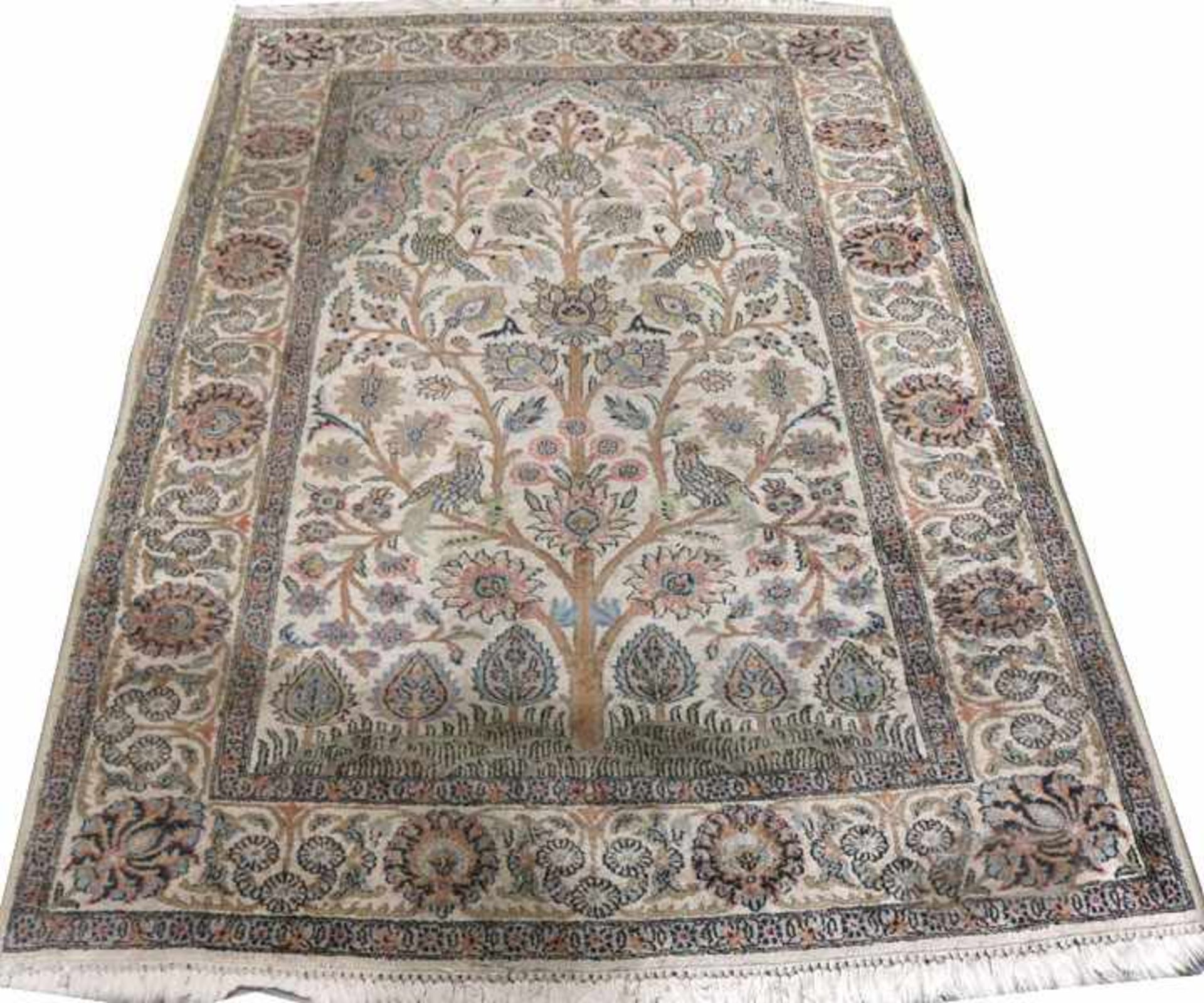 Teppich, Keshan, Indien, blau/beige/rot, 294 cm x 209 cm, Gebrauchsspuren, fleckig