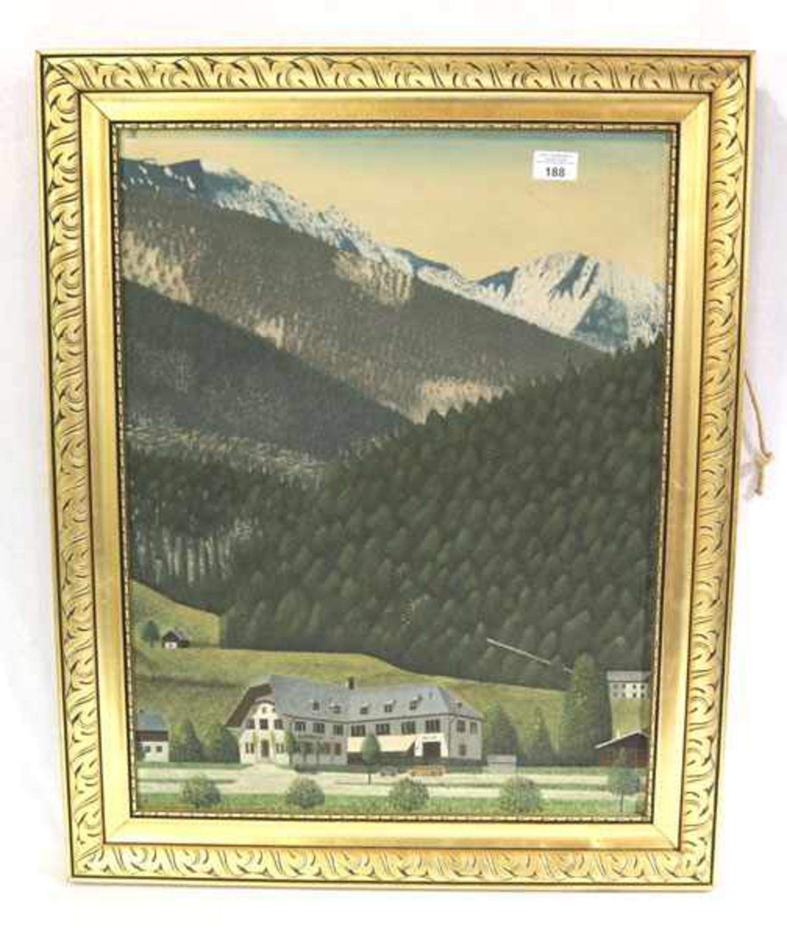 Gemälde ÖL/Hartfaser 'Weissbachhaus a. d. Deutschen Alpenstraße geg. Zwiesel und Hochstaufen',