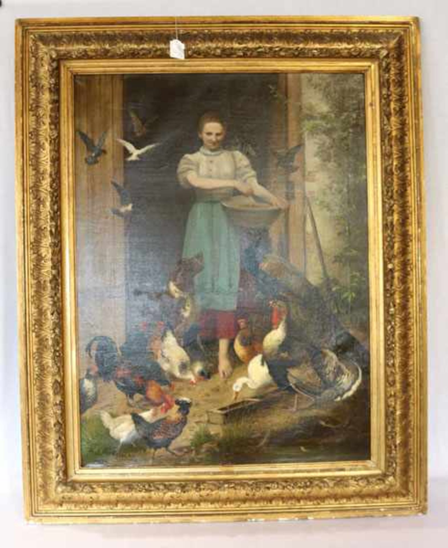 Gemälde ÖL/LW 'Junges Mädchen beim Hühnerfüttern', signiert Jul. (Julius) Scheuerer, * 1859