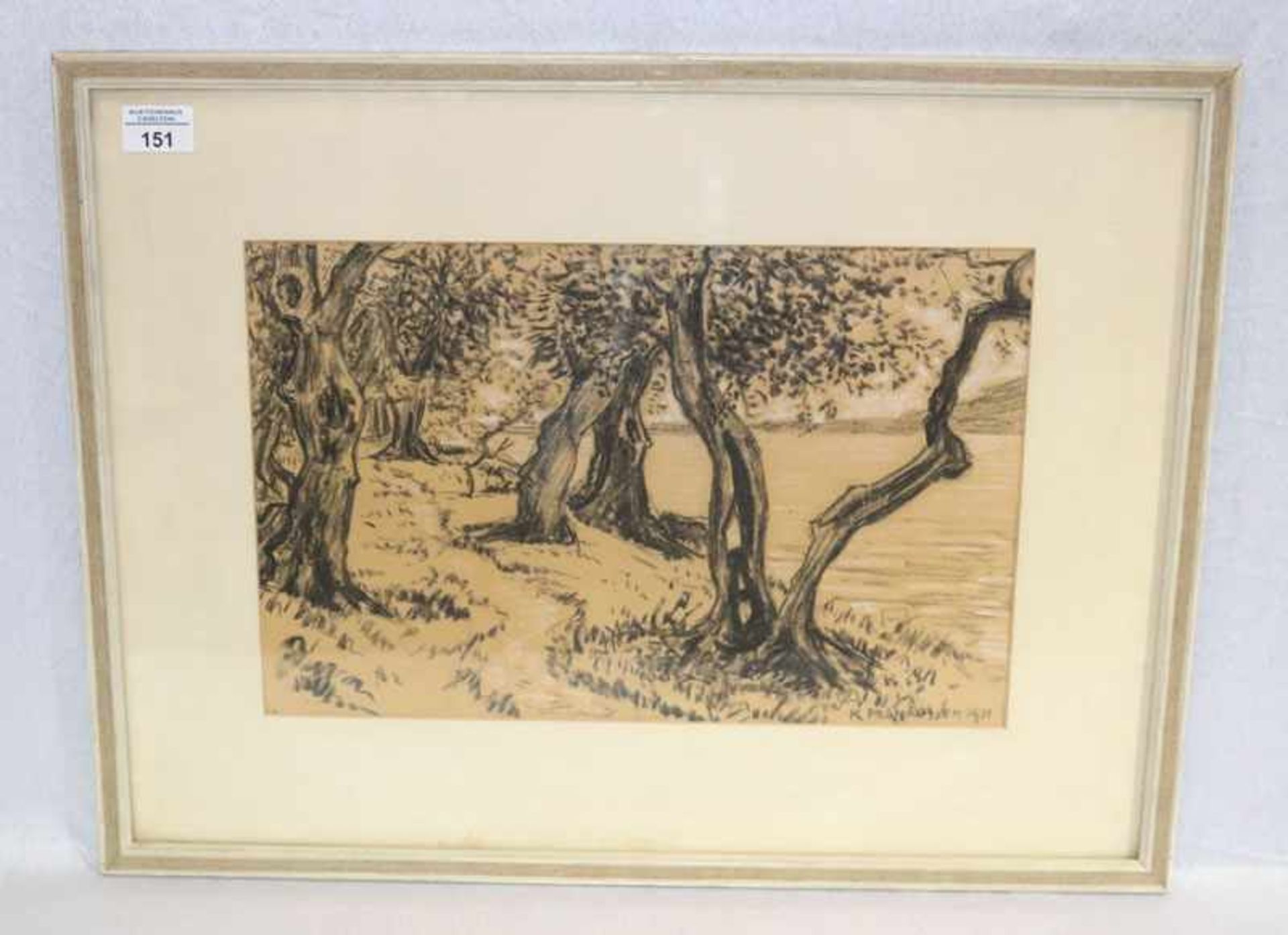 Kreidezeichnung mit Weißhöhung auf gelblichem Papier 'Bäume am See', signiert Prühhäusser, Karl, *