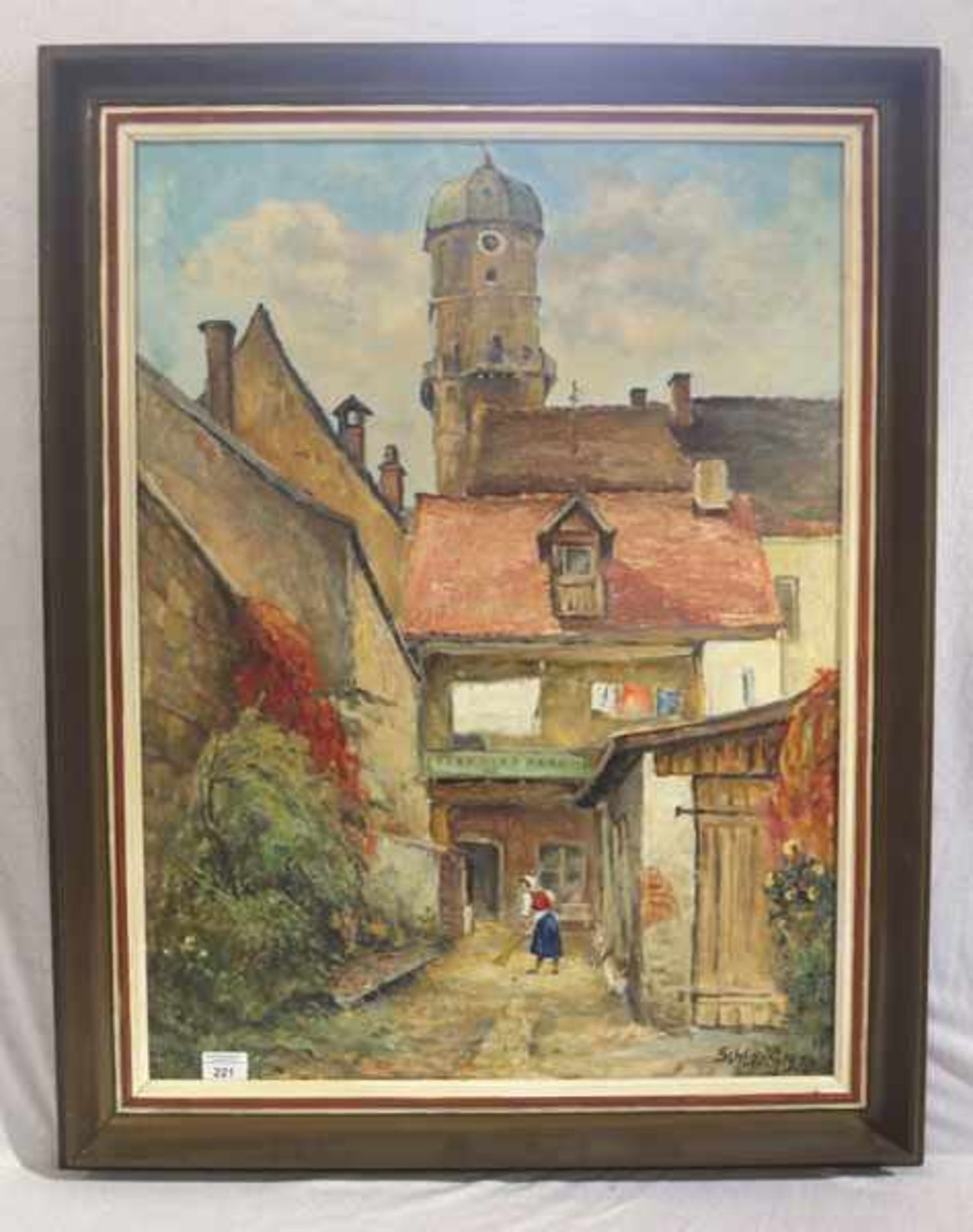 Gemälde ÖL/Hartfaser 'Hinterhof an der Eisenkramergasse in Weilheim', signiert Schleich, Herbert,