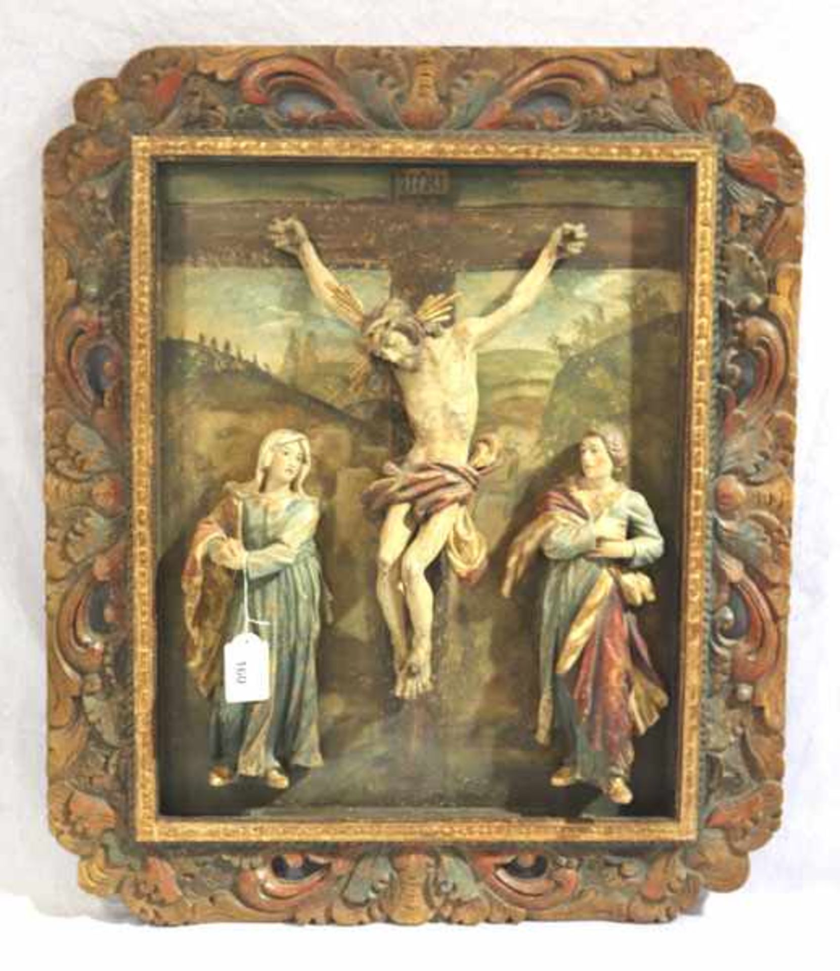 Ölgemälde mit 3 Holzskulpturen 'Jesus, Maria und Magdalena', farbig gefaßt, in Holzrahmen, incl.