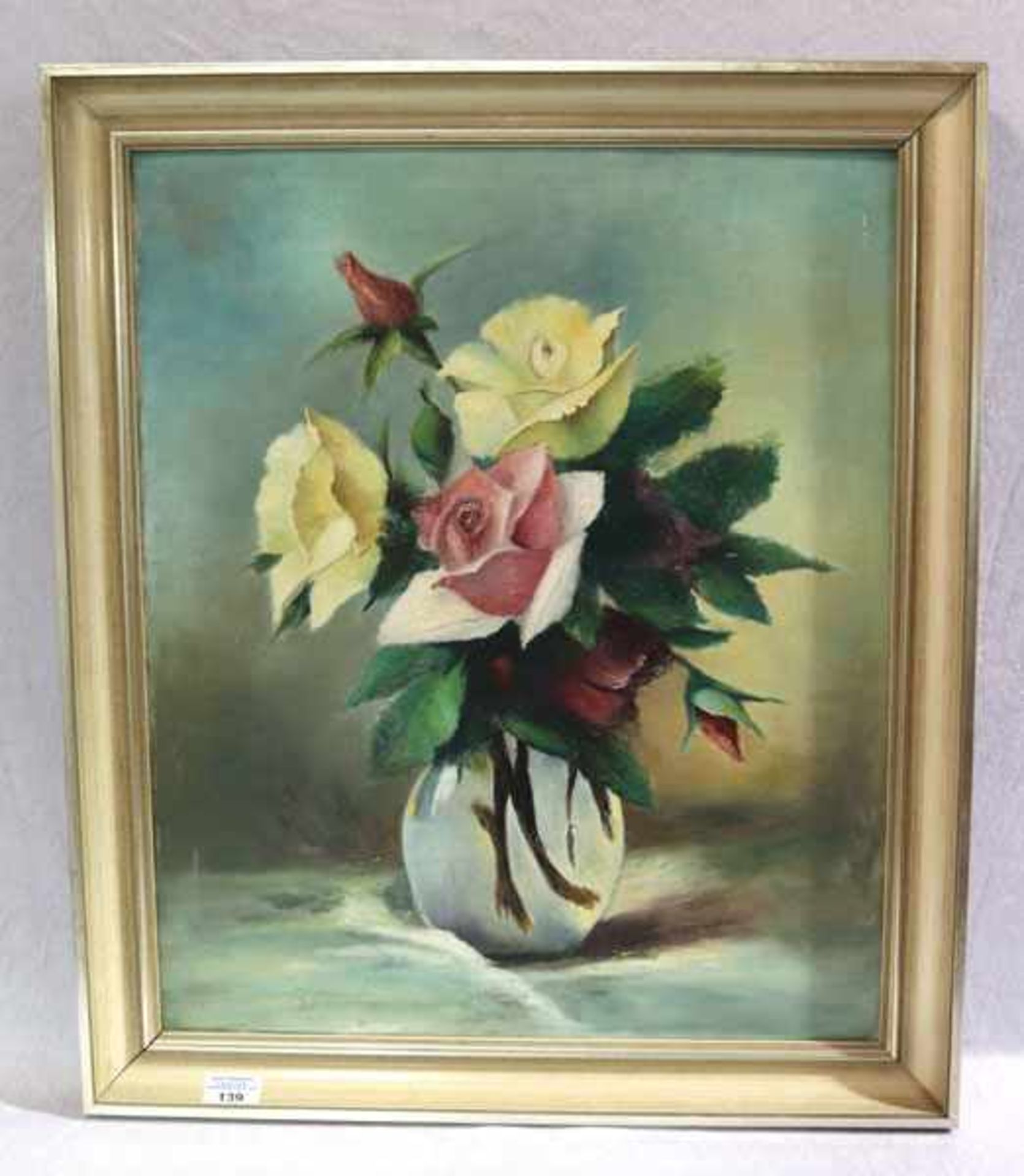 Gemälde ÖL/LW 'Rosenstillleben in Vase', gerahmt, Rahmen leicht bestossen, incl. Rahmen 70 cm x 59
