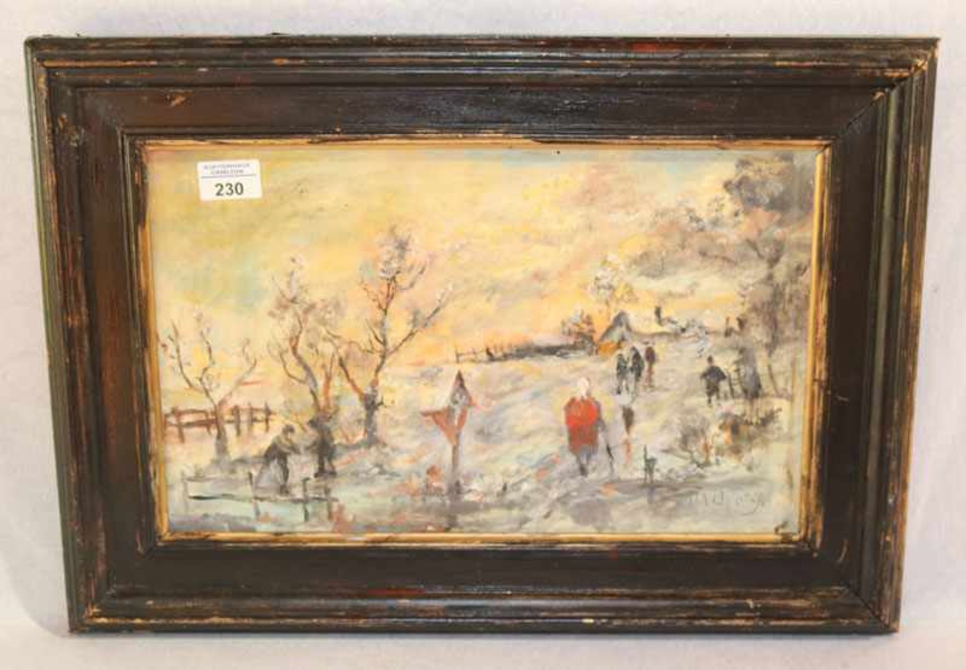 Gemälde ÖL/Holz 'Winterlandschaft mit Figurenstaffagen', signiert H. (Herbert) Wehringer, * 1926,