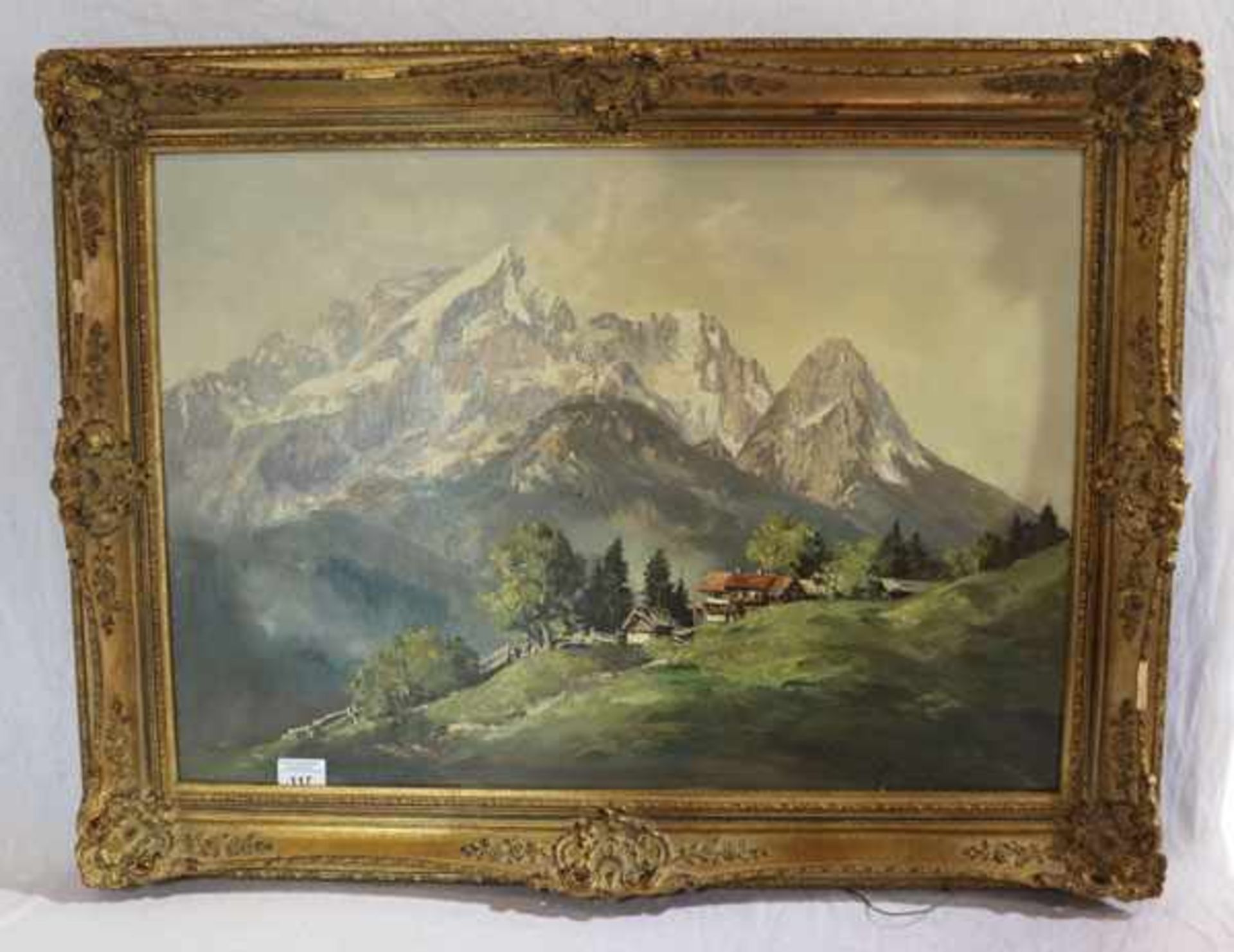 Gemälde ÖL/LW 'Der Eckbauer gegen die Zugspitzgruppe in Garmisch-Partenkirchen', signiert W.
