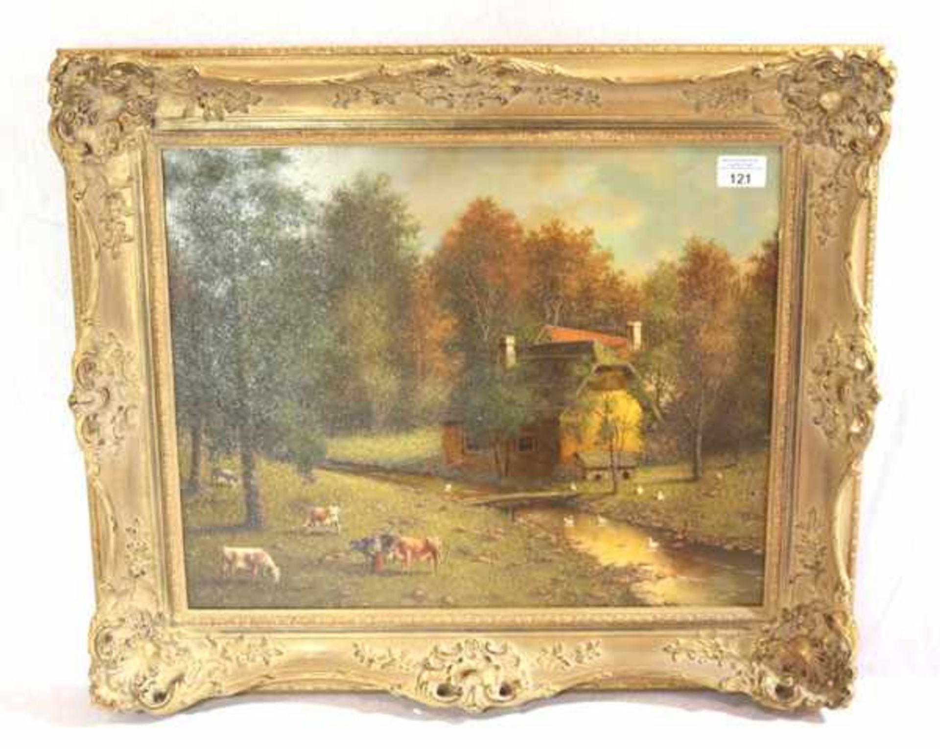 Gemälde ÖL/Holz 'Bauernhof am Bachlauf mit Kühe und Enten', signiert H. Fischer, gerahmt, Rahmen