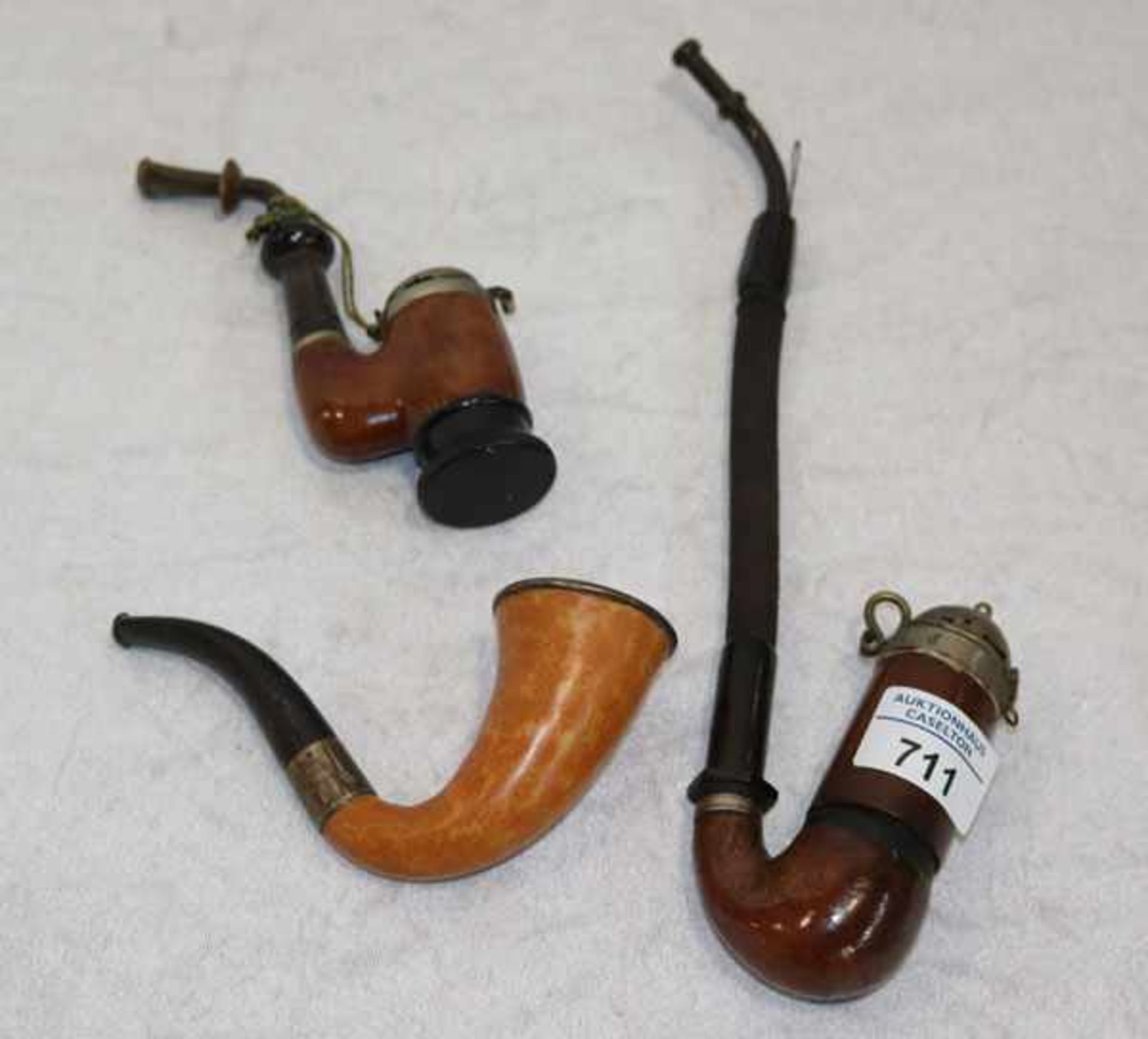 3 Pfeifen, Holz und Meerschaum ?, H 15/28 cm, Gebrauchsspuren