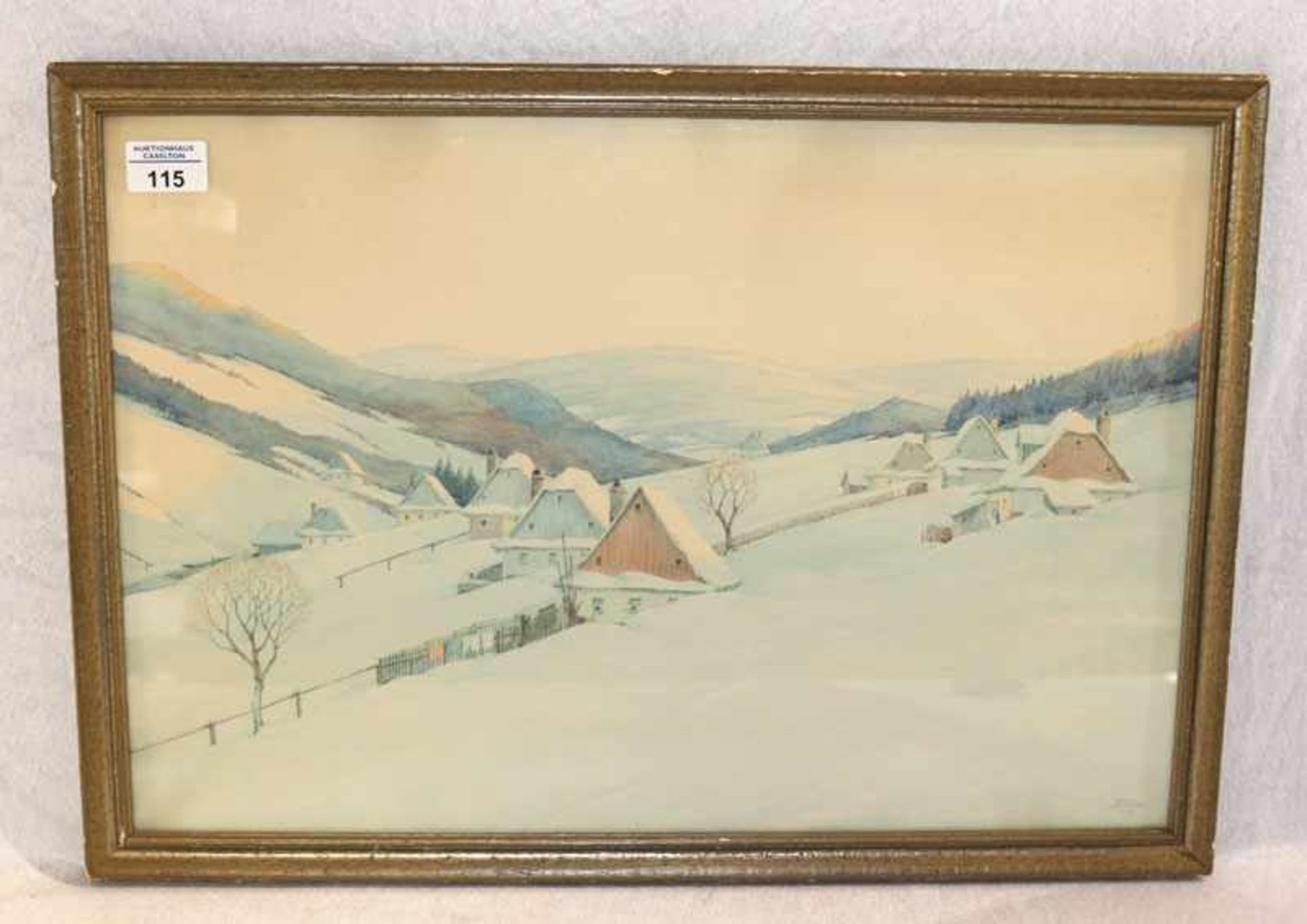 Aquarell 'Winterlandschaft mit Häuser', signiert Egon Lennert, datiert 1947, unter Glas gerahmt,