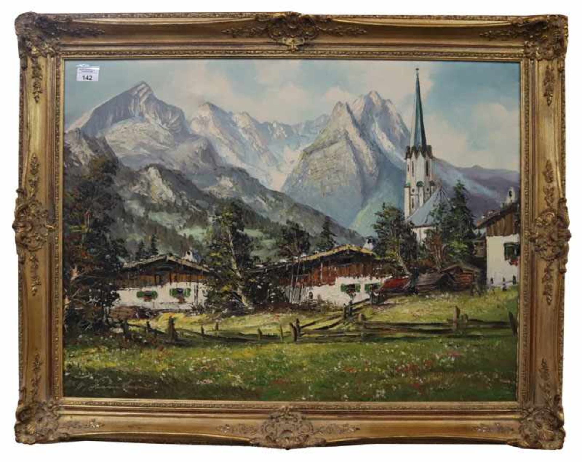 Gemälde ÖL/LW 'Partenkirchner Kirche, Maria Himmelfahrt, und Bauernhäuser vor Wettersteingebirge',