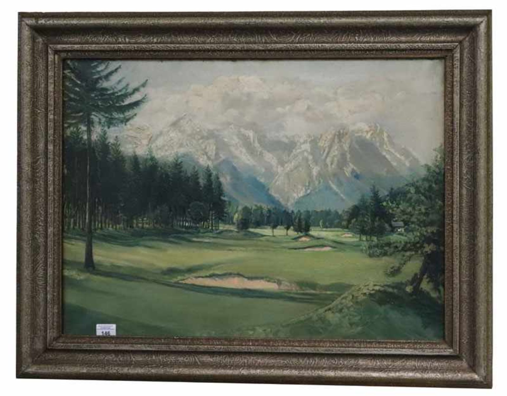 Gemälde ÖL/LW 'Golfplatz Burgrain mit Blick aufs Wettersteingebirge', signiert H. Igl ?, datiert 41,