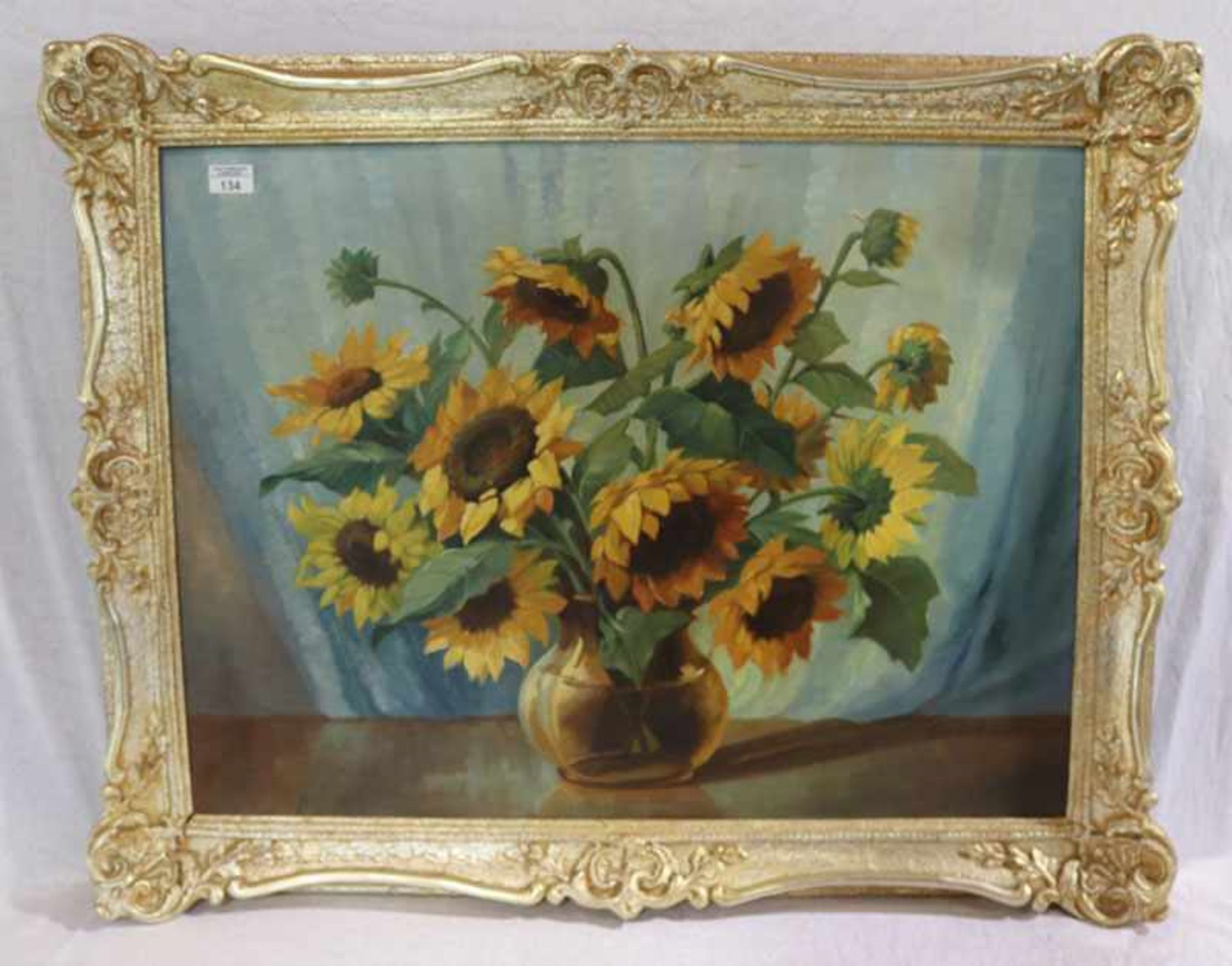 Gemälde ÖL/LW 'Sonnenblumen in Vase', signiert E. Engelhard, 20. Jahrhundert, gerahmt, Rahmen