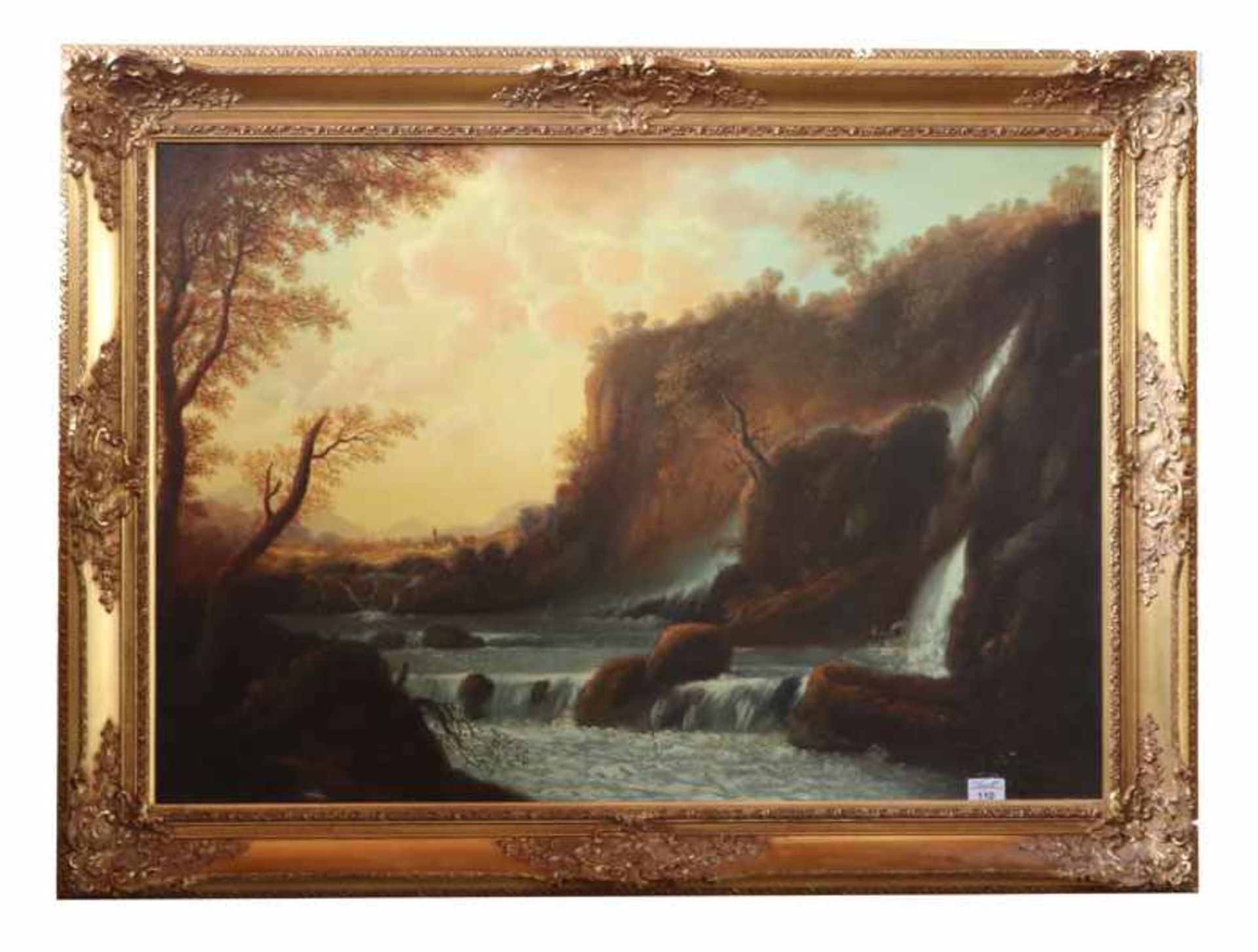 Gemälde ÖL/LW 'Romantische Landschafts-Szenerie mit Wasserfall', signiert C. Riva, dekorativ