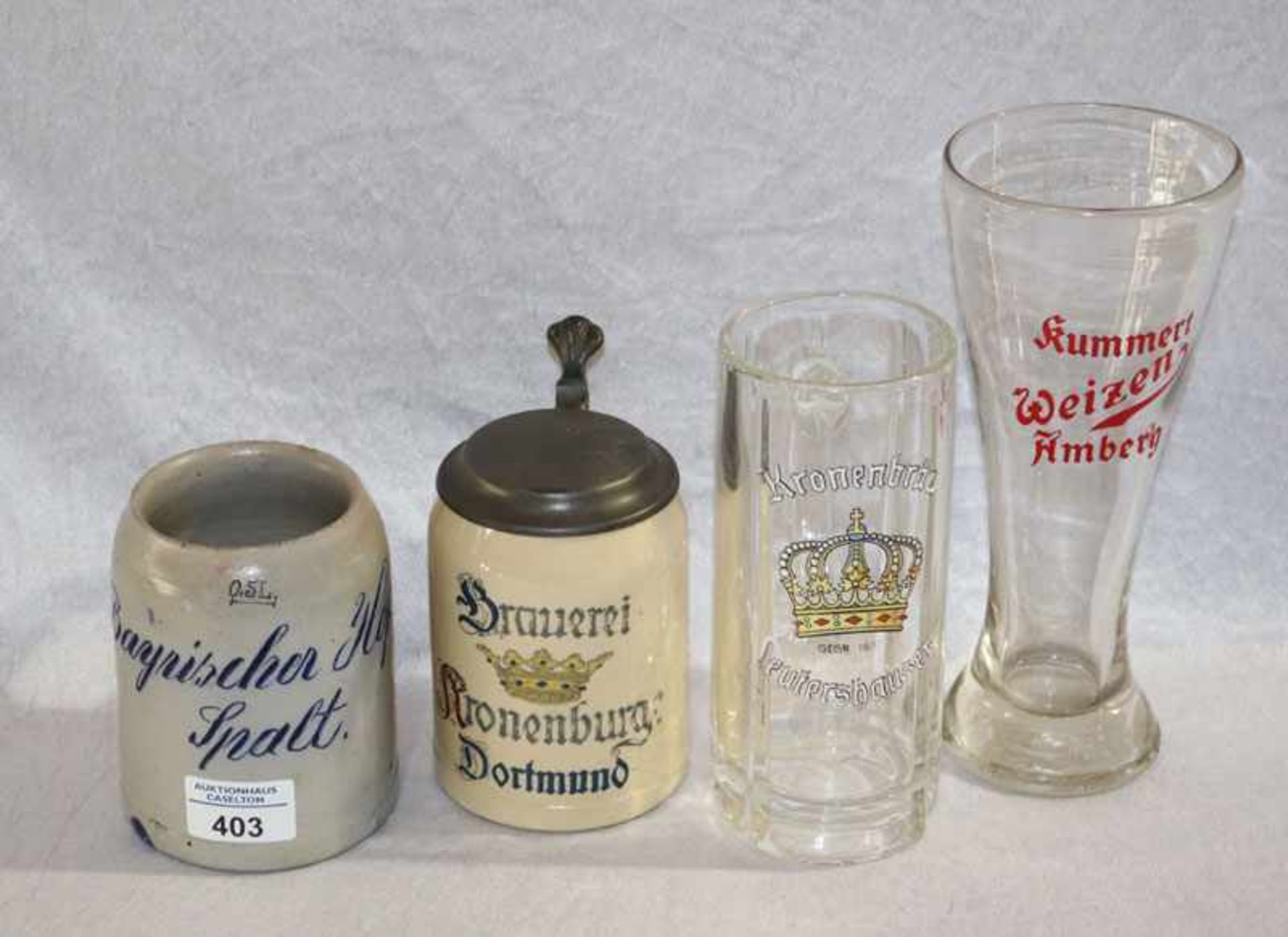 Konvolut von Vorkriegs-Bierkrügen und Gläser: Bierkrug Brauerei Kronenburg Dortmund, mit Zinndeckel,