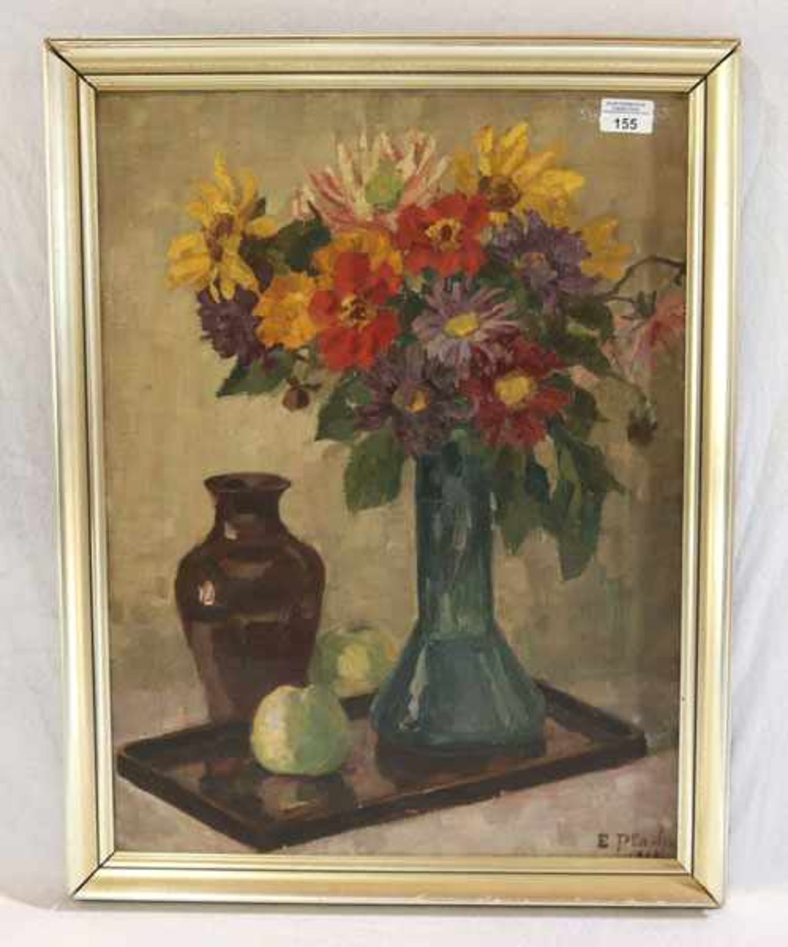 Gemälde ÖL/LW 'Blumenstillleben mit Vase und Äpfel', signiert E. Plad ? datiert 1915 ?, gerahmt,