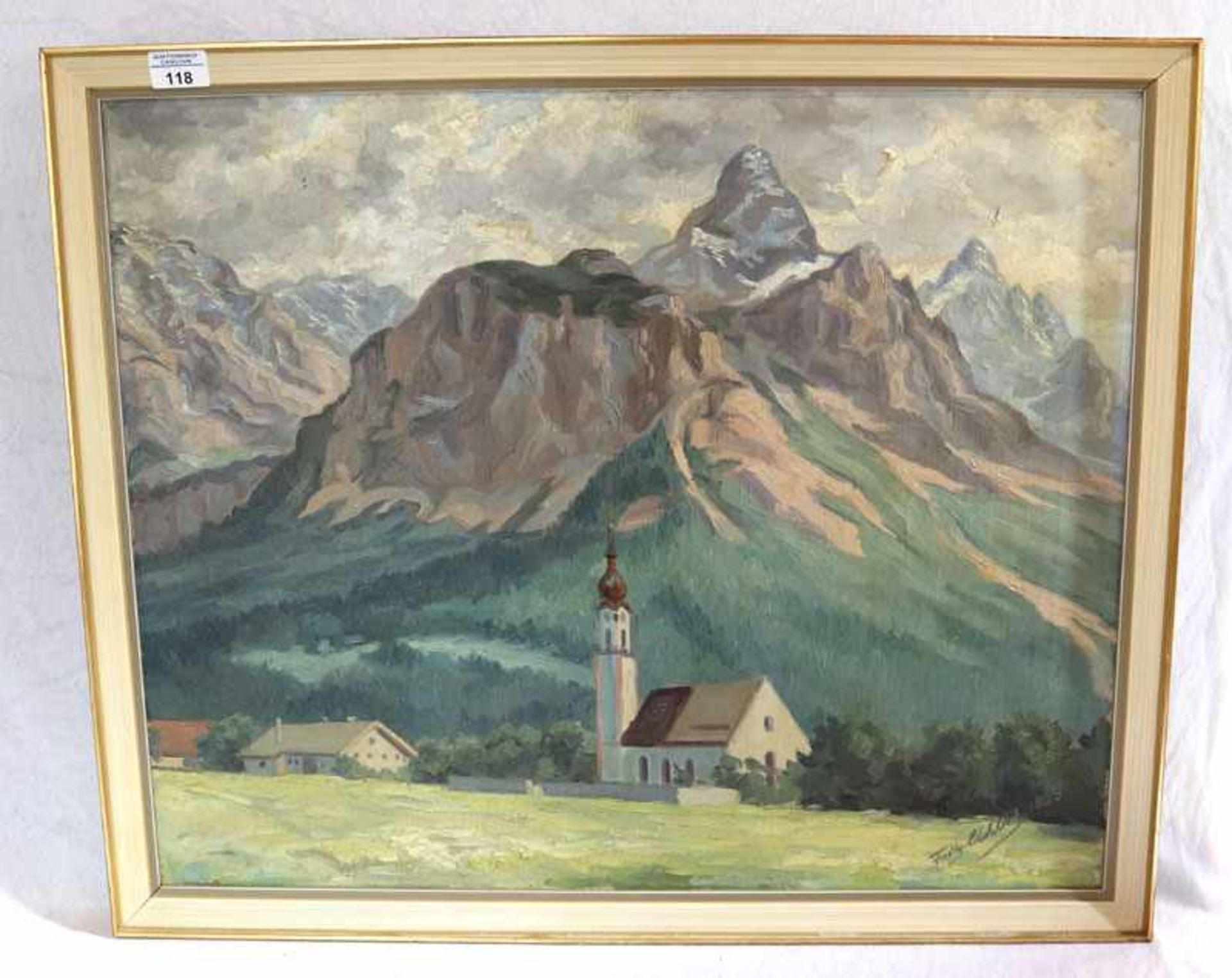 Gemälde ÖL/LW 'Kirche in Lermoos-Tirol', signiert Fritz Uhlich, gerahmt, Rahmen leicht bestossen,