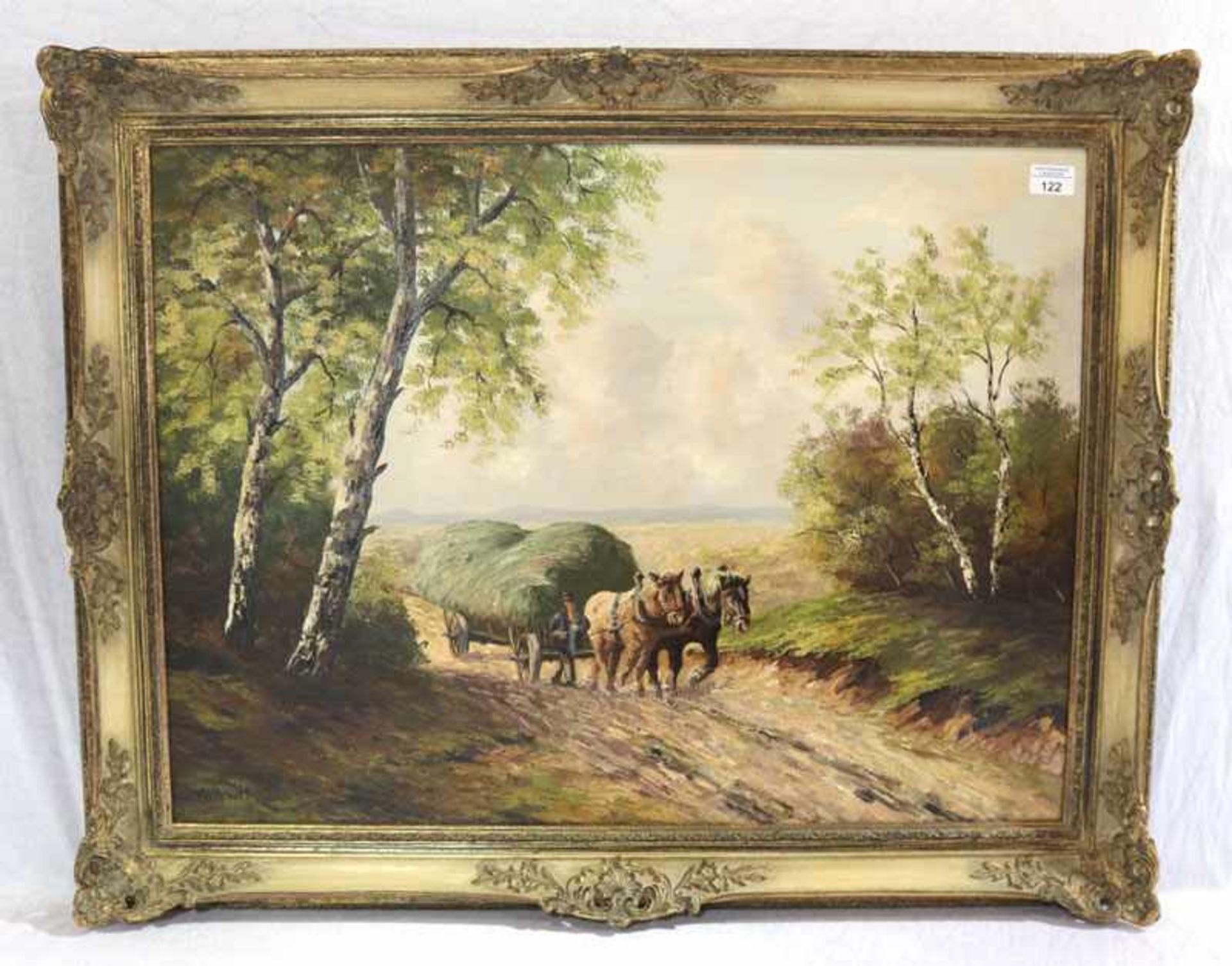Gemälde ÖL/Hartfaser 'Pferdefuhrwerk in Landschafts-Szenerie', undeutlich signiert, gerahmt, incl.
