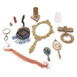 Lot of Ladies Dress Articles: a hand mirror, two small mirrors, beaded purse, thimble, etc.