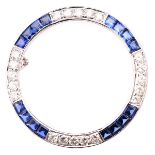 Diamond, Sapphire, 14k White Gold Circle Brooch.