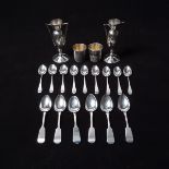 Pair Sterling Miniature Vases, Pair Thimbles and Fifteen Spoons