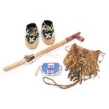 Four Native American Beaded Items, Catlinite Pipe, Pair of Mocassins, Satchel and Purse