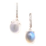 Pair of Moonstone, Diamond 14k White Gold Earrings.