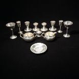 Lot of Ten Misc. Items: Wine Glasses, Creamer & Sugar, Saucers; Two Pairs of Candlesticks.