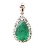 Emerald, Diamond, 18k White Gold Pendant.