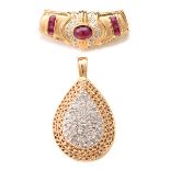 Collection of Two Ruby, Diamond, 14k Yellow Gold Pendants.