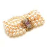 Cultured Pearl, Ruby, Diamond, 14k Gold Bracelet.