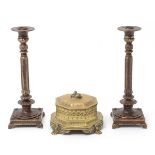 Victorian Bronze Box and Pair of Candlesticks