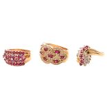 Collection of Three Ruby, Diamond, Yellow and White Gold Rings.