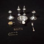 Tiffany Sterling Porringer, Sterling Candlesticks, Shakers, Tiny Cup, Tongs, Fork