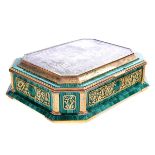 Renaissance Style Gilt and Silvered Bronze Mounted Malachite Table Coffer.