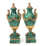 Pair of Louis XVI Style Gilt Bronze Mounted Malachite and Malachite Veneered Urns