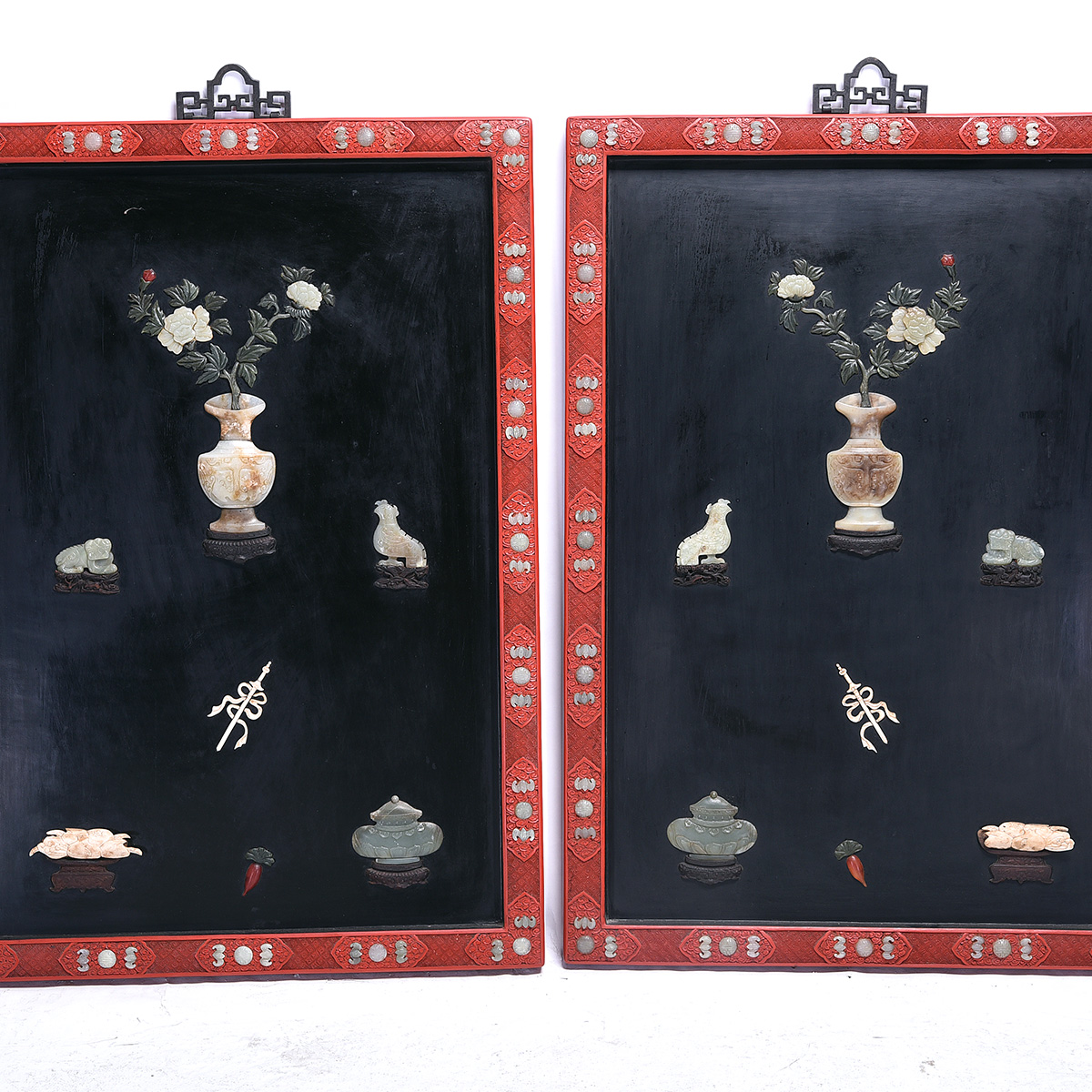 Pair of Cinnabar Lacquer Stone Decorated Wall Panels - Image 2 of 6