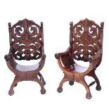 Pair of Italian Renaissance Style Walnut Curule Armchairs