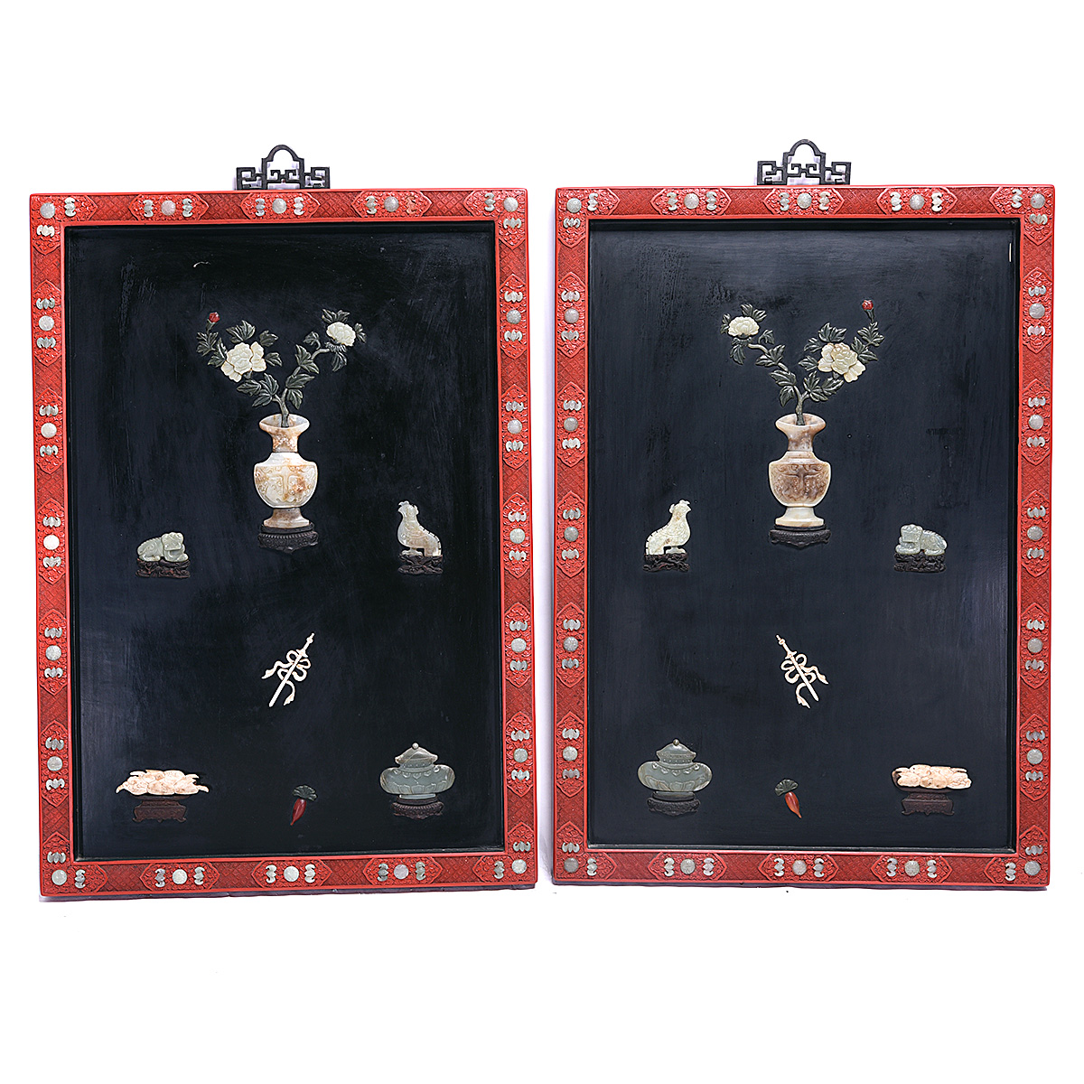 Pair of Cinnabar Lacquer Stone Decorated Wall Panels
