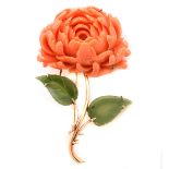 *Coral, Nephrite, 14k Rose Gold Peony Brooch.