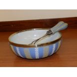 A Wedgwood EP mounted blue jasper ware salad bowl & servers with coloured decoration. (3)