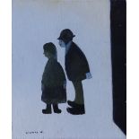 After Lowry – oil on panel – Man in hat with woman, against a white background, bears signature 'L.