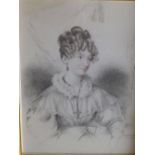 19thC School – a pencil drawing with colouring to face – Half length portrait of a lady, 8.5” x 6.5”