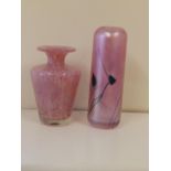 A Ditchfield 'Glasform' pink glass vase with leaf painted decoration, 5.5” and a Mdina vase. (2)