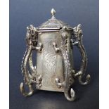 A small 19thC Chinese silver pentagonal mustard pot (?) with hinged cover and five dragon