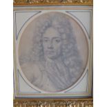 An early pencil drawing – bust length portrait of a gentleman in 17th/18thC costume, 6” high oval in