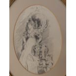 William Monk (1863-1937) – pencil drawing – Woman by a mirror, a Victorian colour print depicting