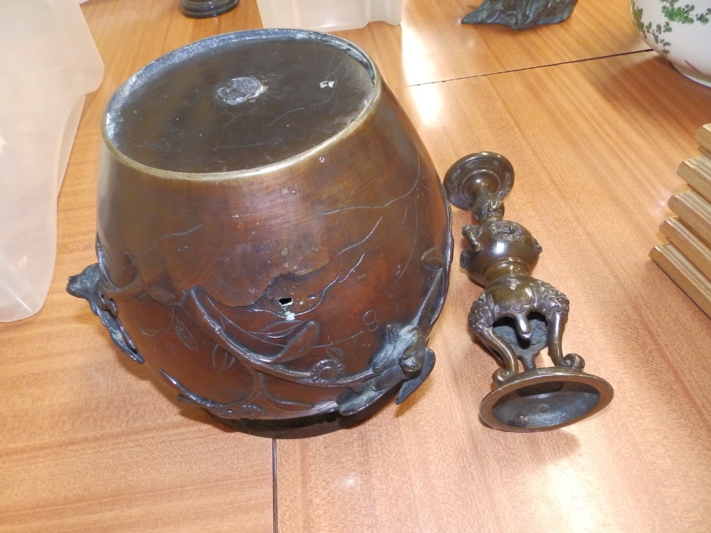 An Oriental bronzed jardiniere (holed) and a pricket candlestick. (2) - Image 2 of 2