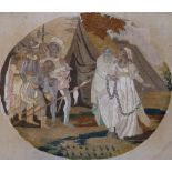 An 18thC Italian oval silkwork embroidery depicting a group of soldiers being addressed by a