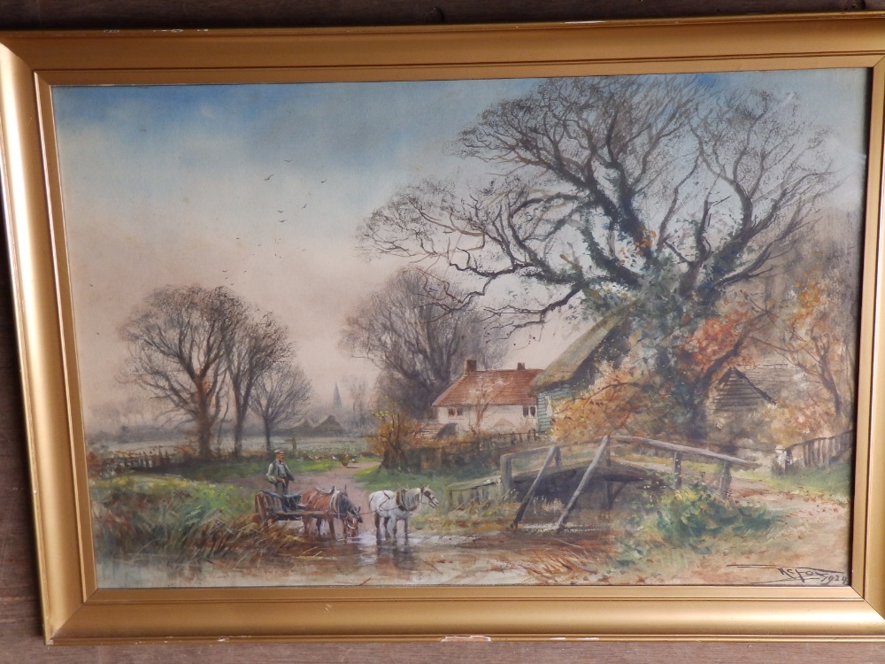 Henry Charles Fox – watercolour – Farmer with horses & wagon in river by buildings, signed & dated